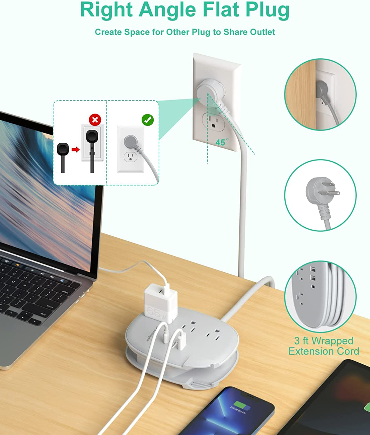 USB C Travel Power Strip,Alitayee Portable Power Strips with 3 Outlets