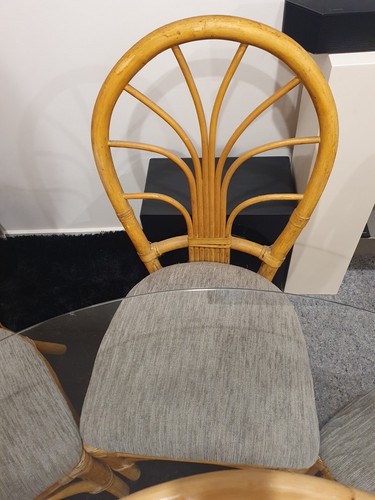 Vintage Cane Bamboo Round Glass Dining Table Set 6 Seats Retro Grey Suede Chairs - Picture 2 of 5