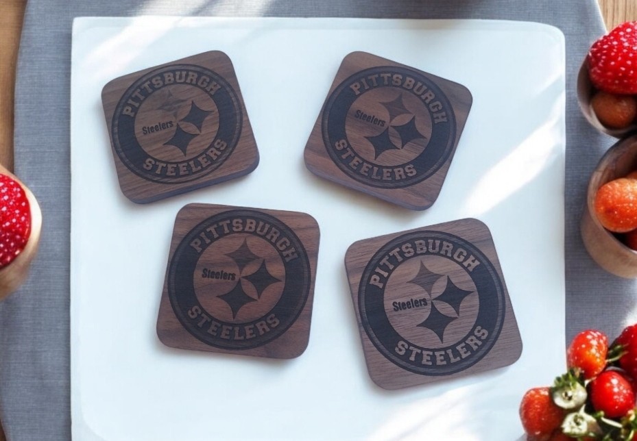 Pittsburgh Steelers Coasters  Set Of 4 Real Walnut Wood