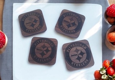 Pittsburgh Steelers Coasters  Set Of 4 Real Walnut Wood