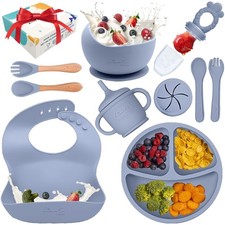 Silicone Baby Feeding Set Baby Led Weaning Toddler Plates Bowls 10 PCS Gray