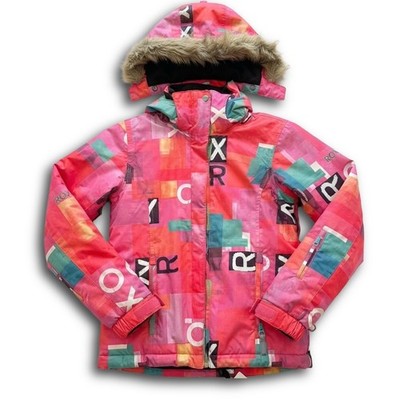 Roxy Girls Pink Multicolor Geometric 5K DryFlight Snow Jacket Faux Fur Hood 10