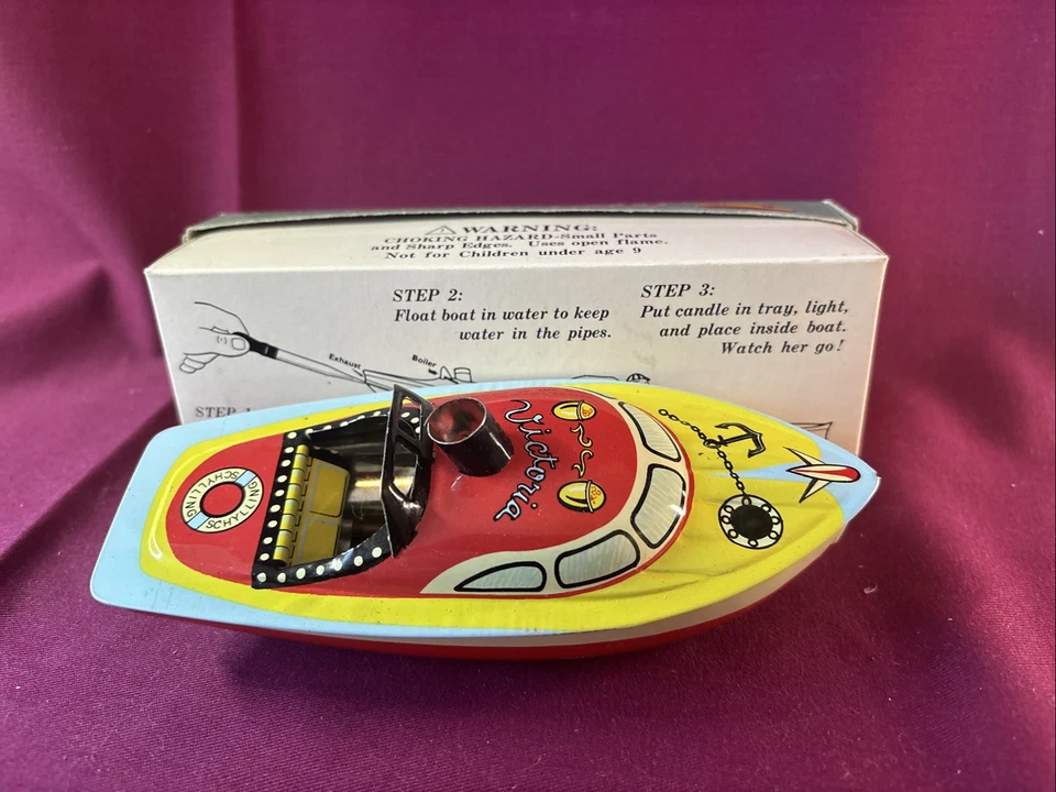 Victoria Steam Powered Engine Tin Metal Toy Power Boat - Mint in Box w/ candles - Image 3 of 4