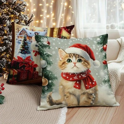 1pc Christmas Cat Pillowcases: Adorable Kittens in Festive Attire Sofa room cush