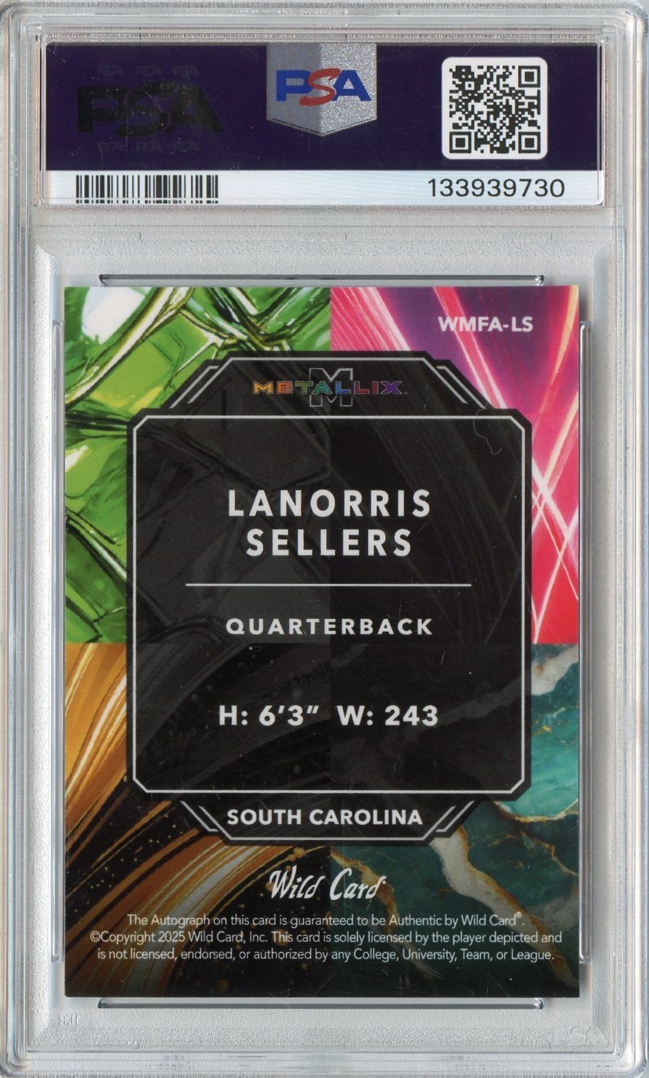 LANORRIS SELLERS 2025 WILD CARD PURPLE LAZER ROOKIE AUTO #'D 1/1 PSA 10 GEM MINT view 2