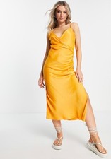 Stradivarius satin wrap midi dress in pop orange S