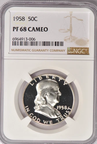 1958 Franklin Half Dollar Proof NGC PF 68 CAMEO PR68CAM Frosty Coin 50C