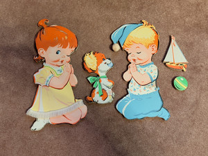 Vintage Dolly Toy Praying Boy and Girl Wall Art Set
