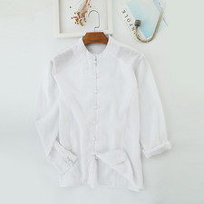 Men Linen Shirt Mandarin Collar Long Sleeve Button Up Casual Blouse