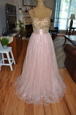 LaFemme NEW Strapless Sweetheart Tulle Sequin Rhinestone Pink Gold Ball Gown 6