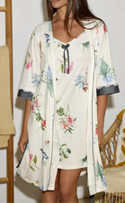 Womens S Ivory Floral Print Soft Knit Short Sleeve Midi Robe Nightgown Set 2pc
