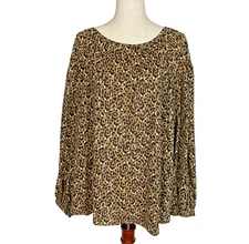 NWT Ava & Viv Brown Leopard Blouse Top SZ 2X Cheetah Print Long Sleeve Top Fall