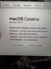 Apple MacBook Pro Retina, 13" 2012 Intel i5 2.5 GHz 8GB RAM 251GB Flash Drive