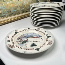Folkcraft Stoneware Winter Side 10.5" Dinner Plate Snow White Green Christmas