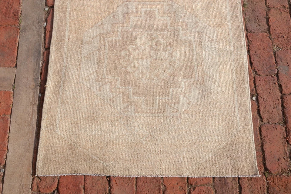 Tapete de lã bege antigo Oushak Runner 2'7x10'6 peru corredor tecido à mão desbotado - Imagem 3 de 4