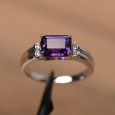 Natural Amethyst Women Ring Natural Gemstone Emerald Cut 925 Sterling Silver