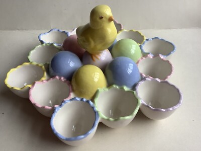 Vintage Easter Chick Sitting On Egg Holder Dish Ceramic Handpainted 10'' Pastel