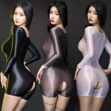 Women's Oil Shiny Glossy Bodysuit See-through Catsuit Open Crotch Shorts Leotard