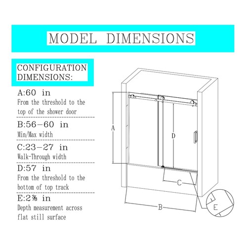 56-60"W*60"H Single Sliding Shower Doors for Bathtub, 5/16"SGCC Tempered Glass - Picture 5 of 7