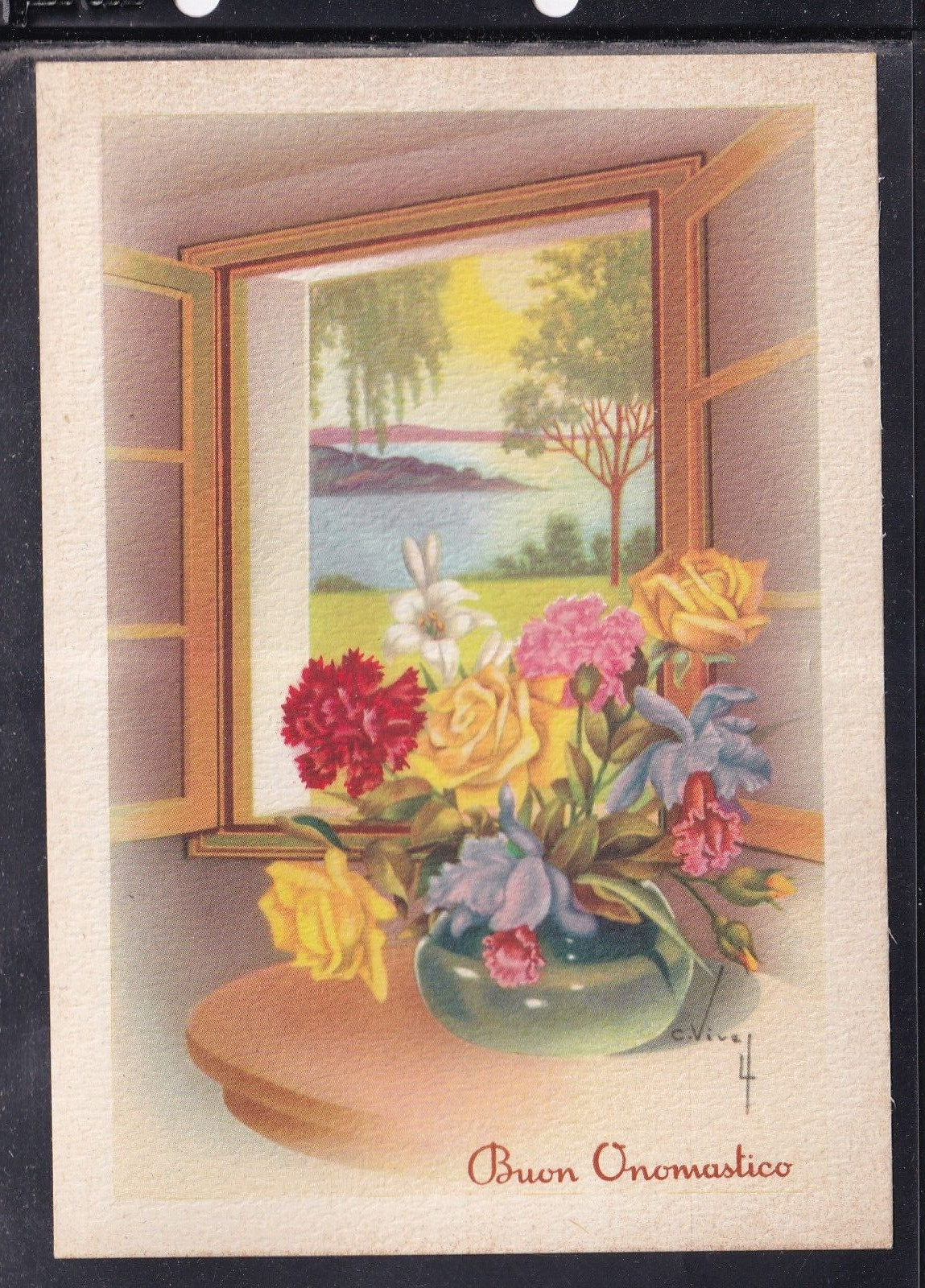 Cartolina Buon Onomastico Paesaggio Fiori illustratore ZC325