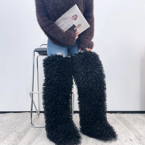 Womens Faux Mongolian Thigh Highs Faux Fur Boots Winter Warm with Fur Inside - Picture 27 of 46