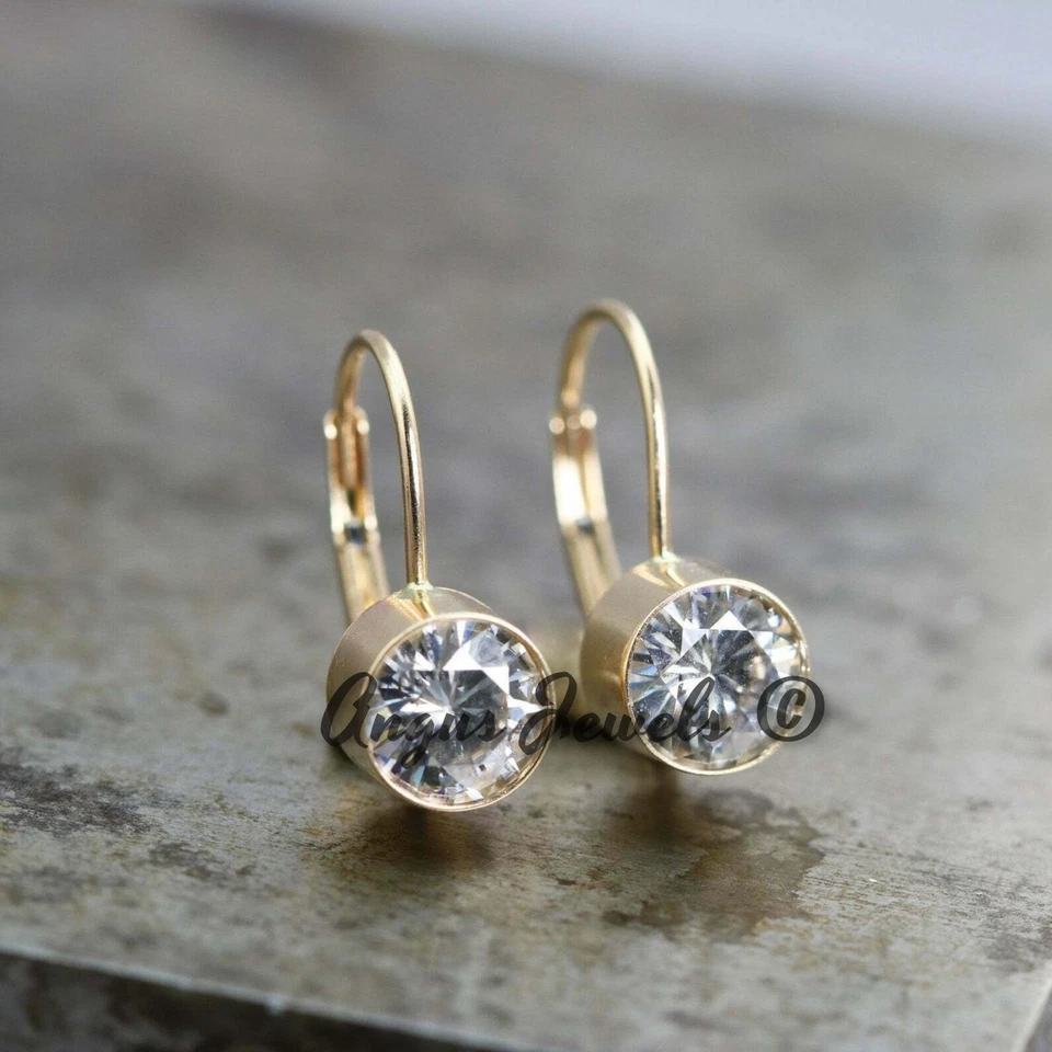 2ct Round Cut Bezel Set MOISSANITE Hoop Earrings Heavy Solid 14k YELLOW Gold - Image 3 of 4