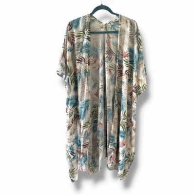 Final Touch Palm Leaf Print Long Kimono Women's Size Medium Oversized Summer