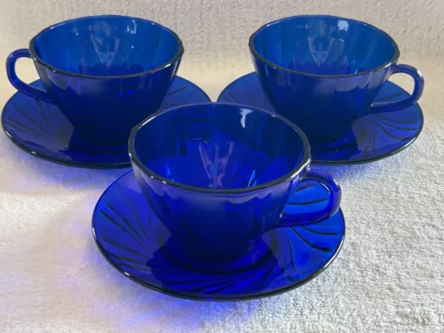 3 Vintage Duralex Vereco  Cobalt Blue France Glass Teacups & Saucers Excellent!