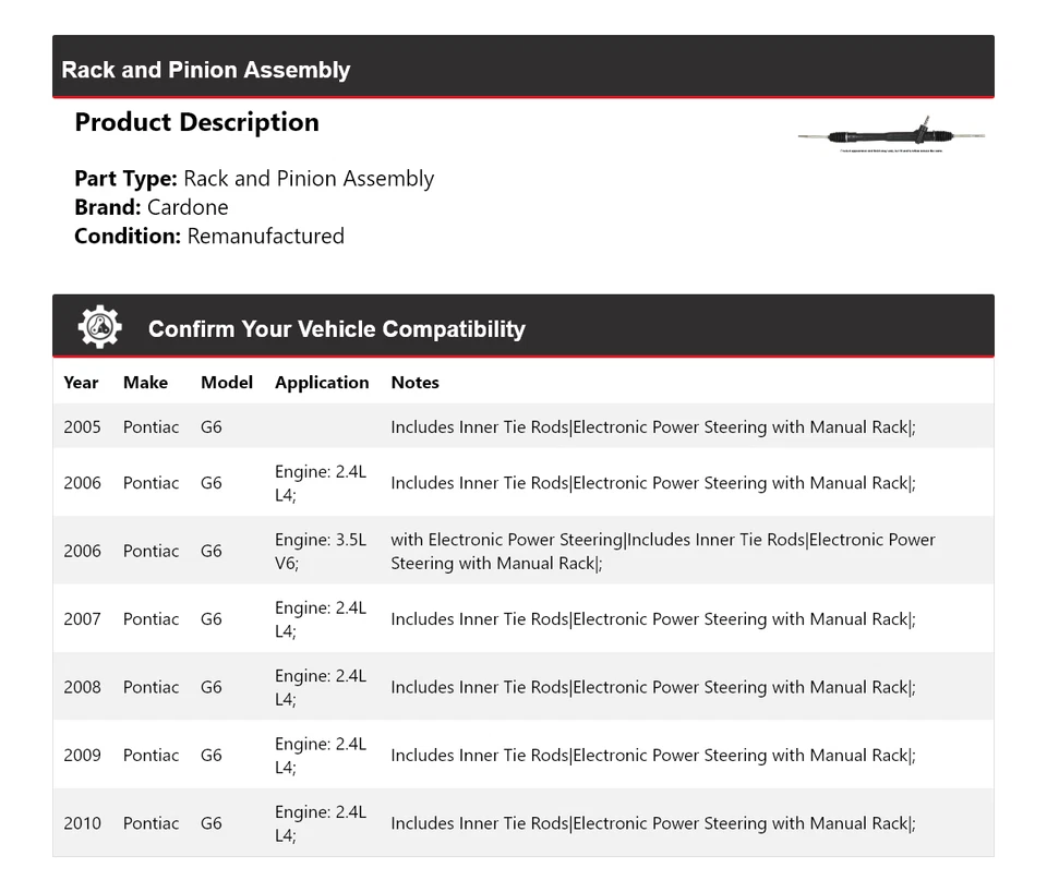Conjunto de piñón y cremallera Cardone para Pontiac G6 2005-2010 2006 2007 2008 2009 Foto 2 de 4