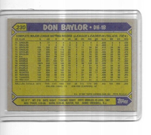 1987 Topps #230 Don Baylor Boston Red Sox - Picture 2 of 2