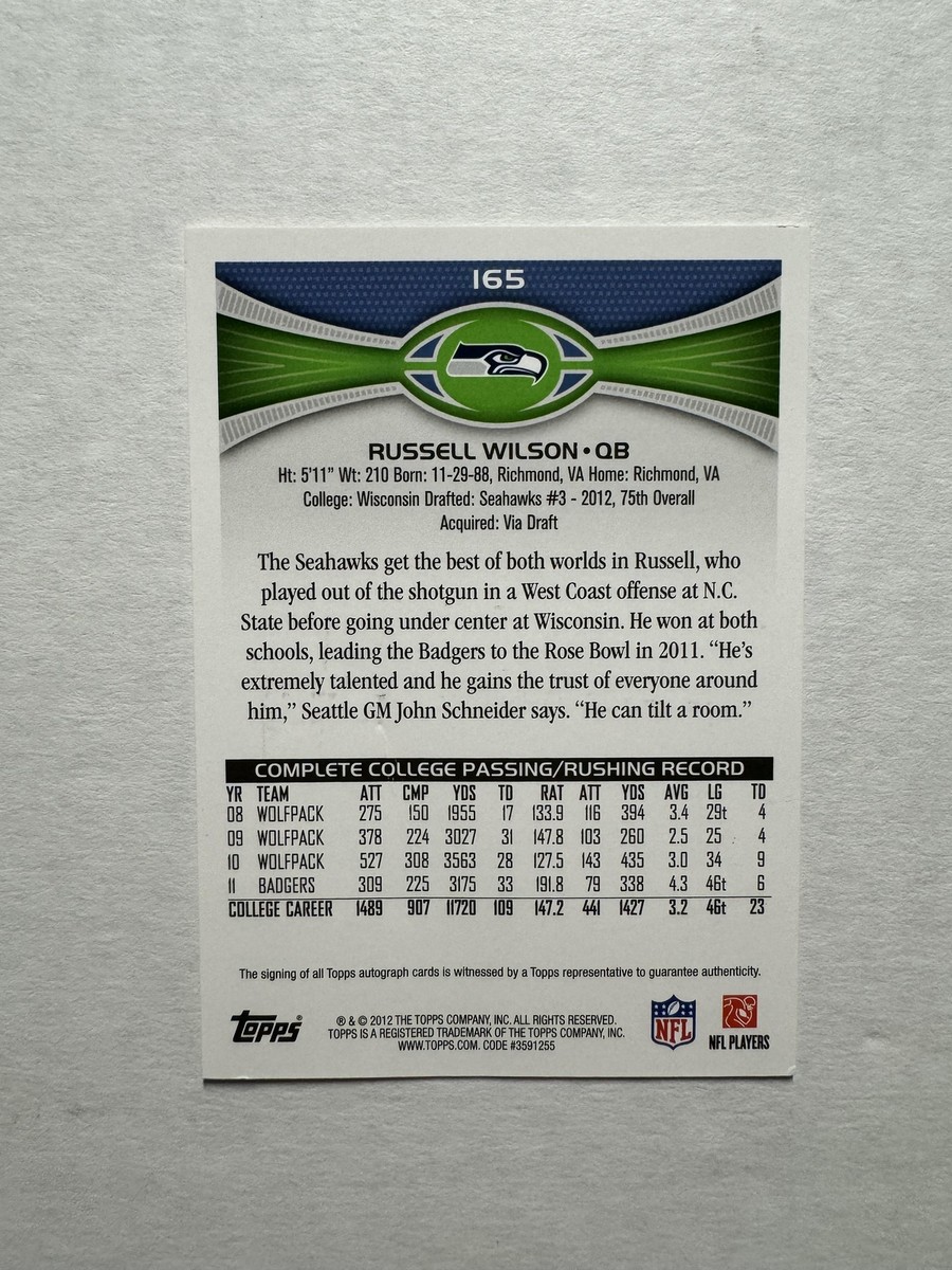 2012 Topps #165 Russell Wilson Rookie Card RC Autograph Auto SSP