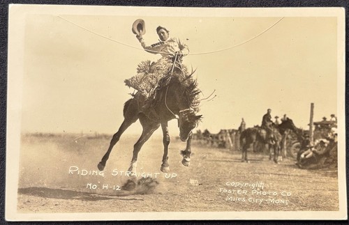 RODEO REAL PHOTO RPPC~MILES CITY MT~COWBOY ON BUCKING BRONCO~RIDING STRAIGHT UP
