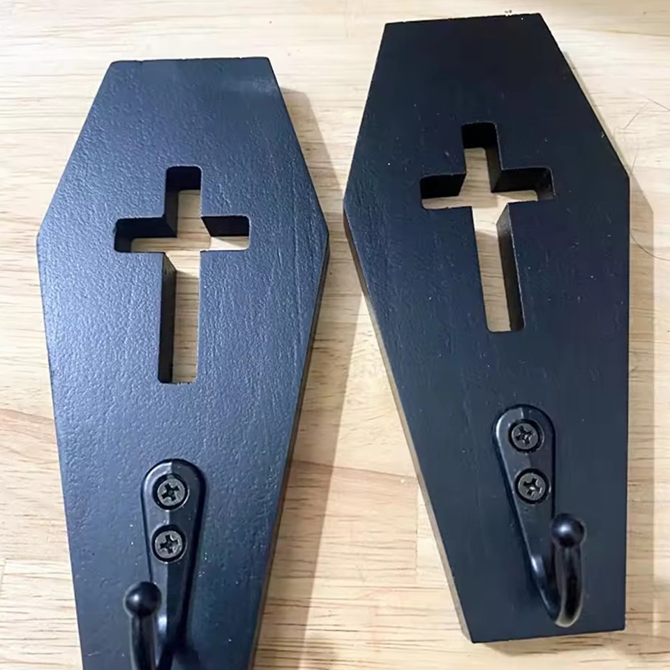 Halloween Coffin Wall Hanging Gothic Wall Towel Hooks Black Wooden Coat