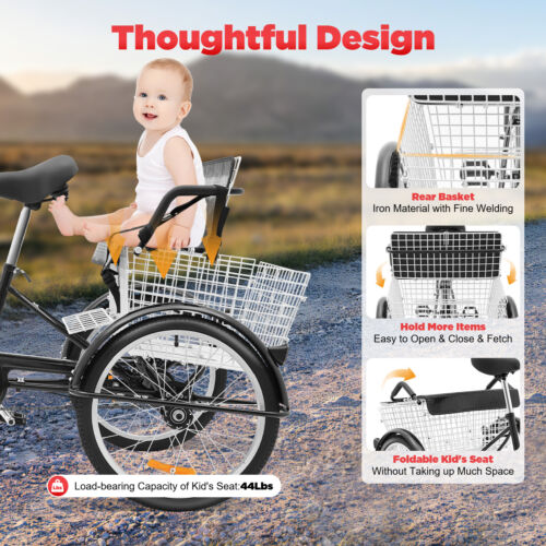 20Zoll Dreirad Erwachsene mit Kindersitz Einkaufskorb Dreirad 3 Rader Fahrrad - Bild 6 von 9