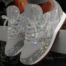 2026 Womens Sparkly Trainers Sequins Sneakers Casual Lace Up Sports Shoes Size