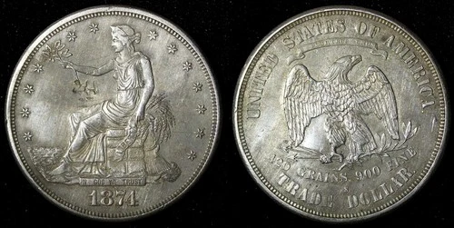 United States Silver 1874 S Trade Dollar Chinese Chopmarks XF-aUNC KM# 108 (268)