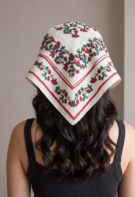 Red Floral Satin Bandana Retro Neck Scarf 47x47 cm Handmade Unique Boho Vintage