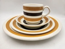 Vintage 4 piece Carrigaline Pottery striped 9" plate,7" plate cup and saucer set