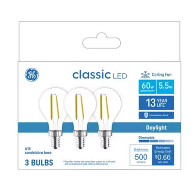GE LED Light Bulbs A15 Candelabra Base Daylight 60 Watt Dimmable (3 Pack)