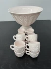 Jeanette Feather Pattern Shell Pink Milk Glass Punch Set Bowl Base & 12 Cups