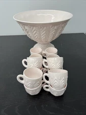 Jeanette Feather Pattern Shell Pink Milk Glass Punch Set Bowl Base & 12 Cups