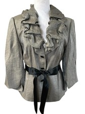 Adrianna Papell Evening Essentials Metalic Pewter Ruffle, Belted Jacket SZ 14