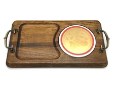 MCM Fruit & Cheese Cutting Board Wood Brass Handles Charcuterie Retro Holidays