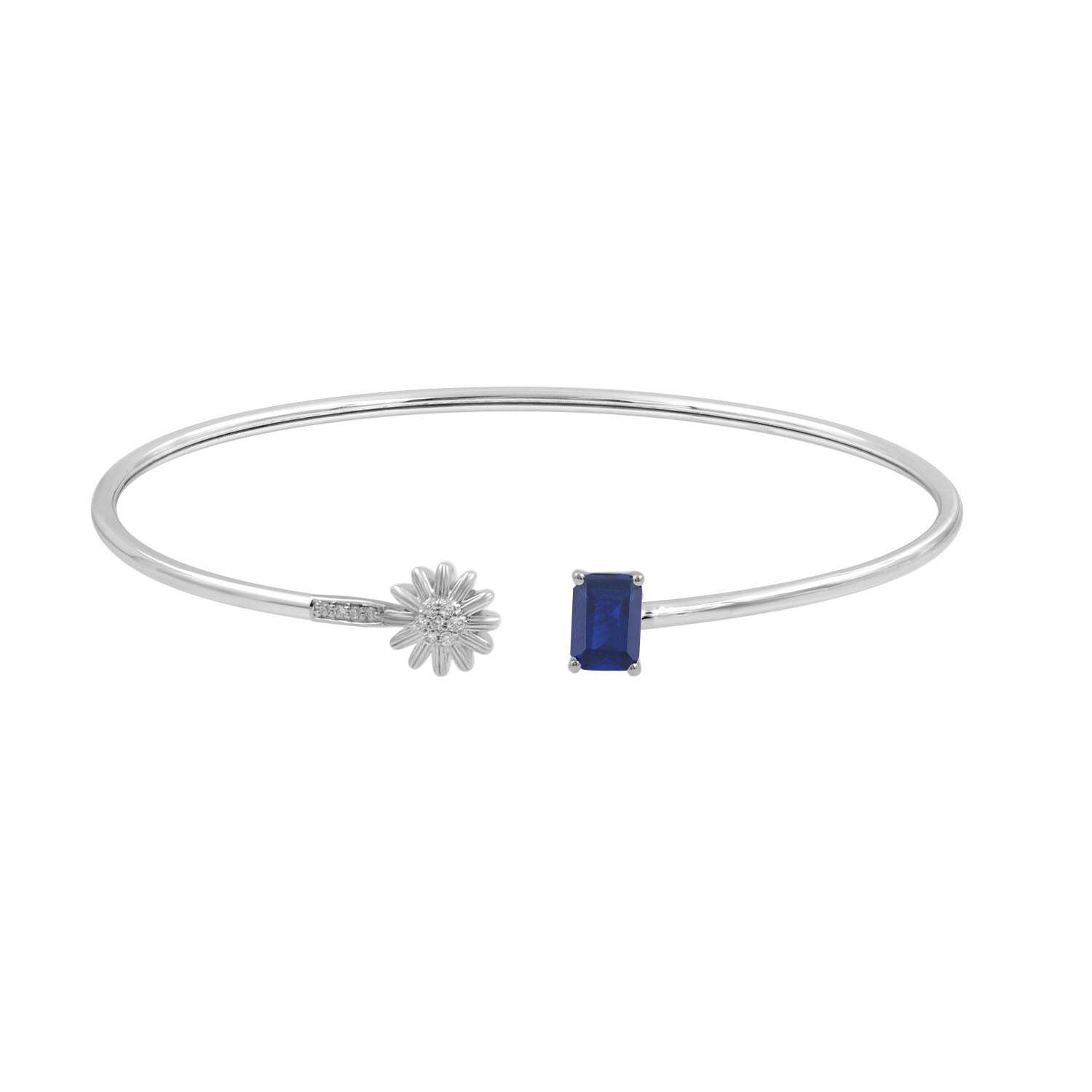 14K White Gold Ladies Bangle with 0.55CT Round Diamond and Emerald Blue Sapphire Center-image