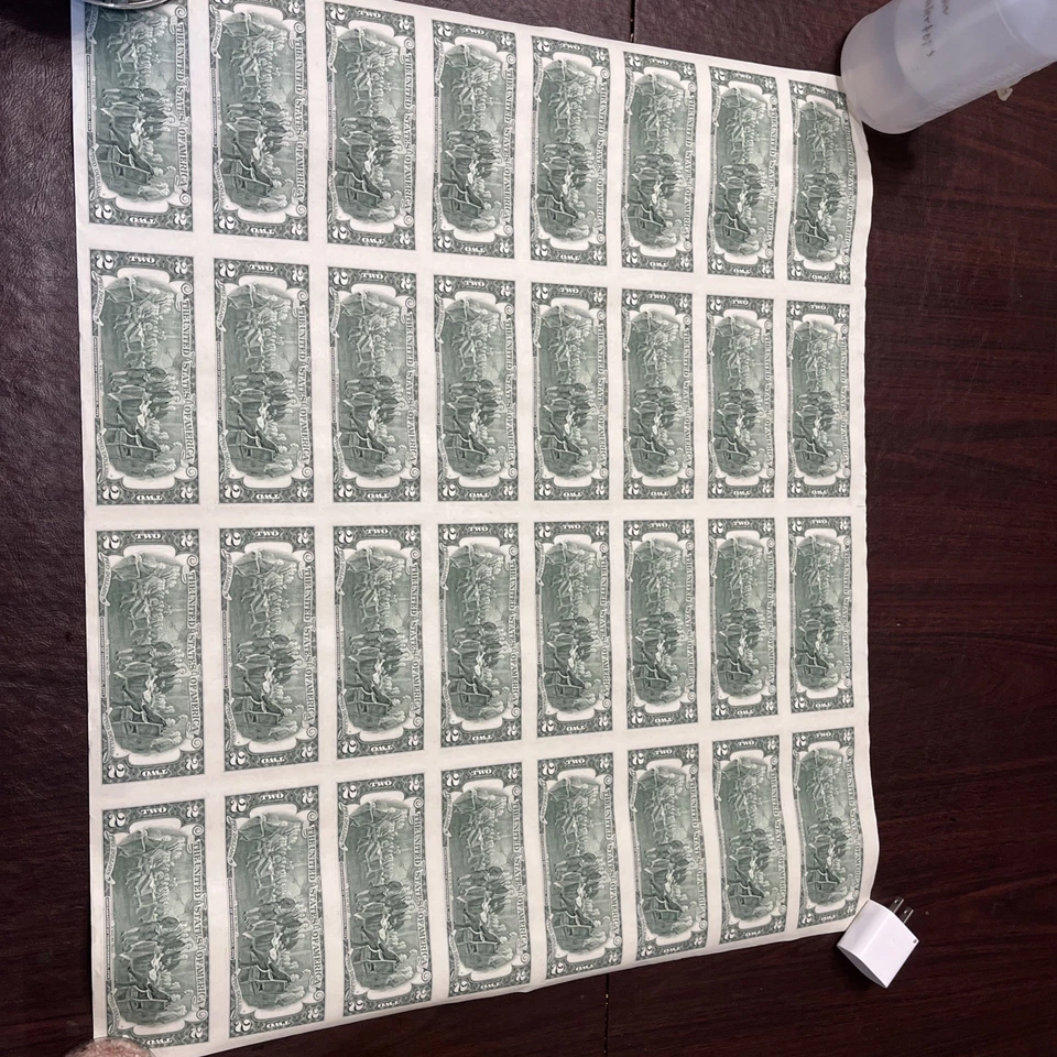 Mint condition 2 dollar bills uncut/uncirculated sheet of 32 complete notes - Image 3 of 4