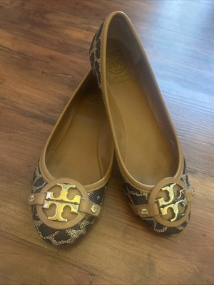 TORY BURCH AADEN Women s 6.5 Ballet Flat Shoes Leopard Raffia Gold Logo Hardware