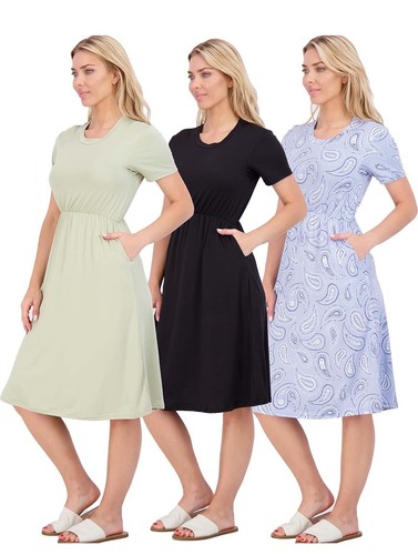 Real Essentials 3 Pack Women’s T Shirt Dresses Midi Soft W Pockets Size Large