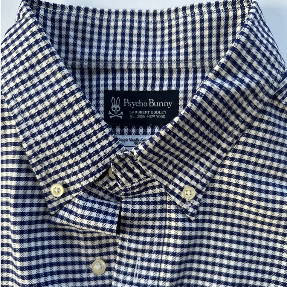 Camisa Psycho Bunny Para Hombres Guinga Abotonada Manga Larga Azul Blanco Talla Grande Foto 4 de 4