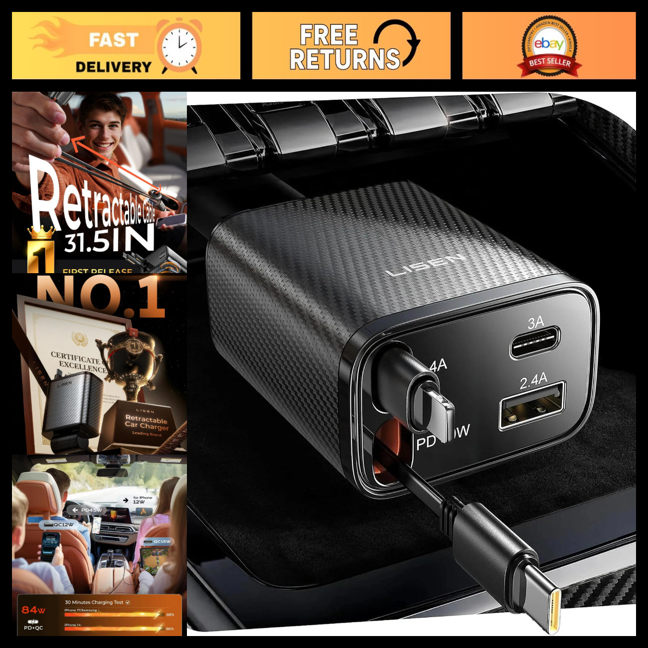 84W USB C Fast Car Charger Adapter, Retractable Design, Gifts for Dad, iPhone 17