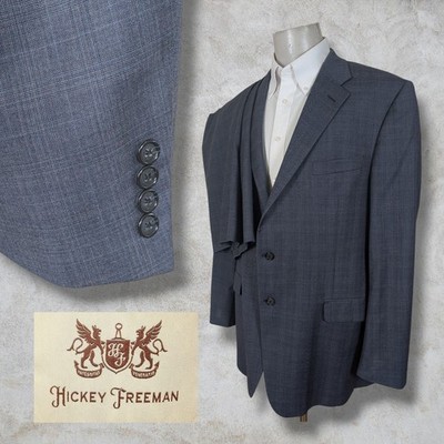 Hickey Freeman 2 Piece Suit Mens 46L Pants 42x30 Blue Worsted Wool Check Plaid